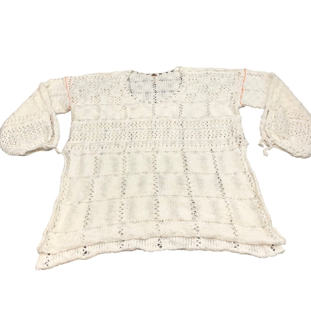 Free People Crochet Sweater Womens L White Chunky Knit V-Neck Long Sleeve Boho